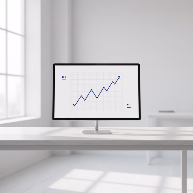 A minimalist analytics dashboard on a thin monitor with a single indigo line chart trending upward