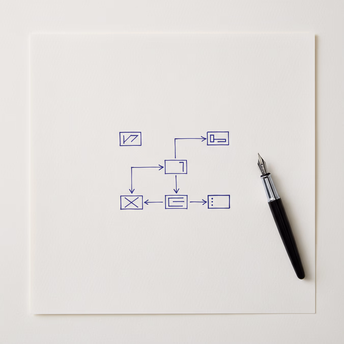 A hand-drawn workflow diagram in indigo ink on paper with a black fountain pen beside it