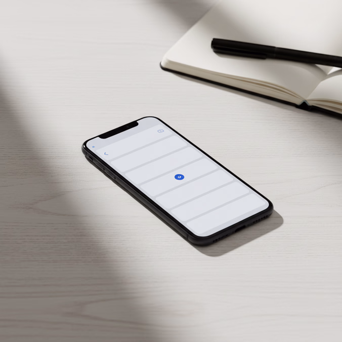 A matte-black phone on a paper-white desk showing a clean dashboard interface